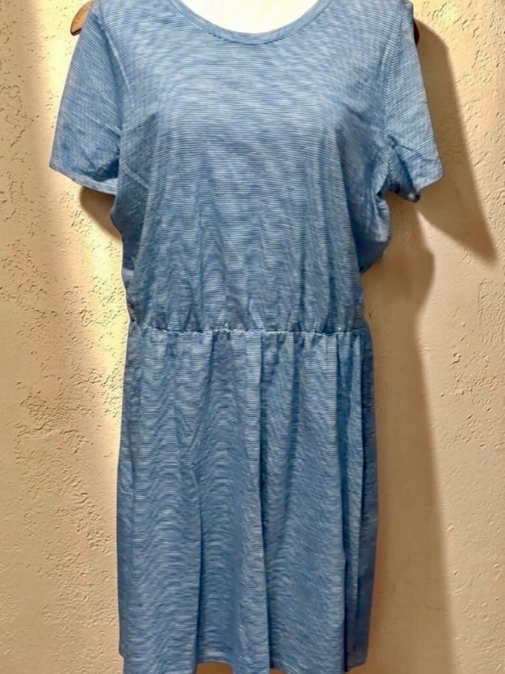 Old Navy Light Blue Striped Short Sleeve Drawstring Mini Dress